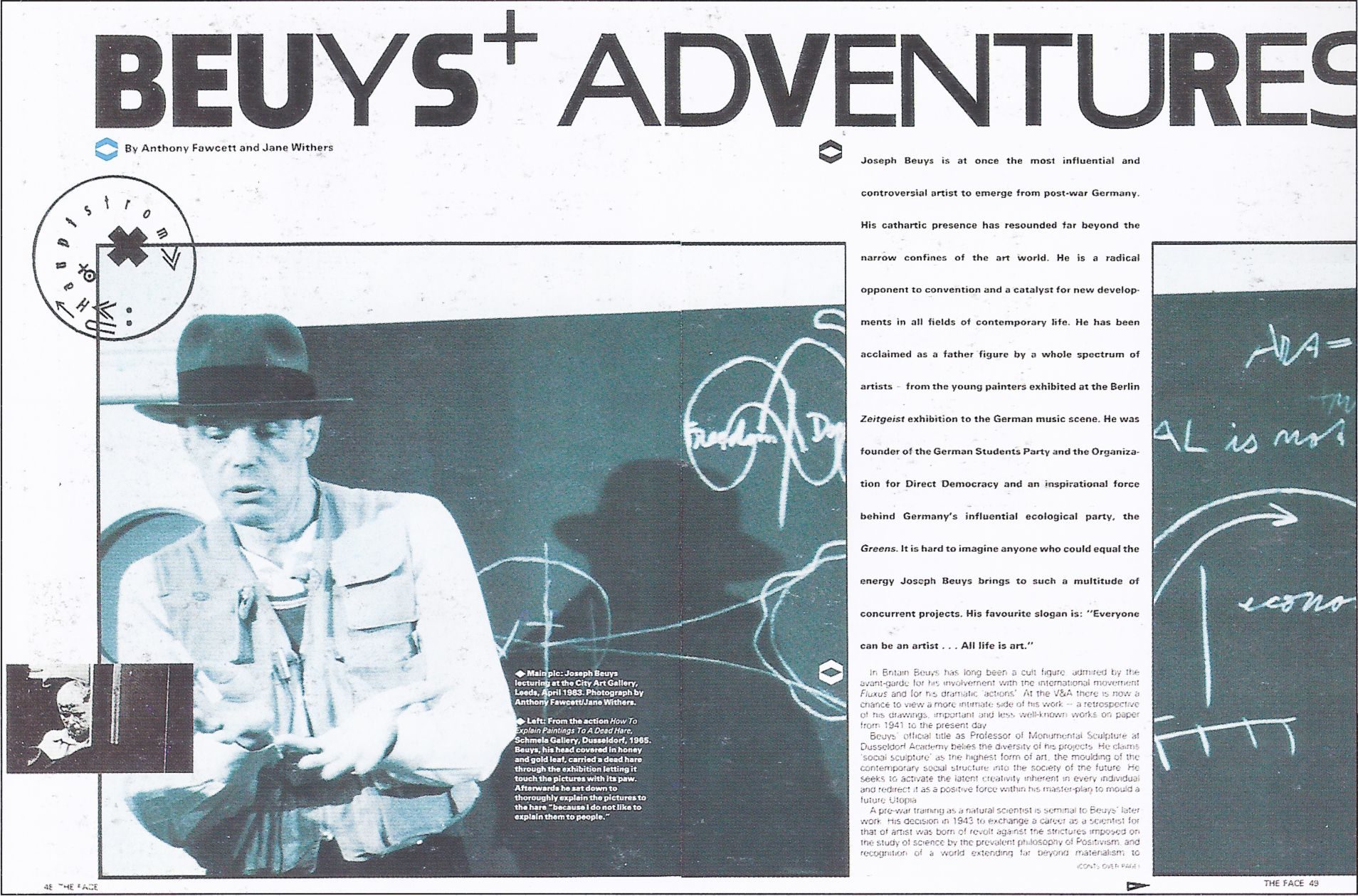 The Face magazine, Issue 40, August 1983 — 'Beuys+ Adventures' interior spread. Art direction: Neville Brody.