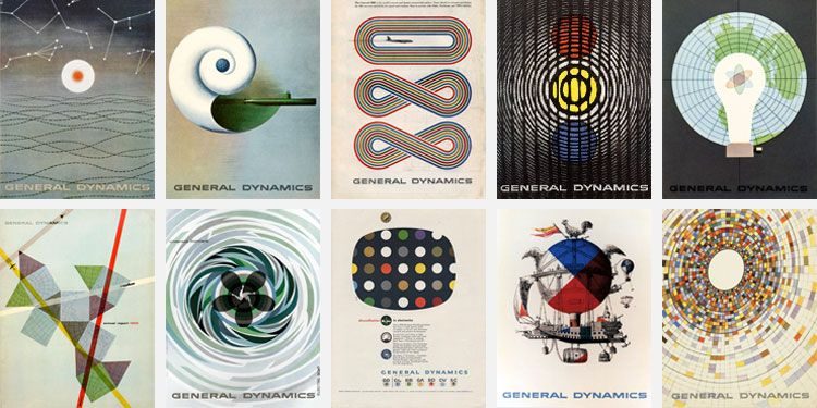 Ten General Dynamics annual report covers designed by Erik Nitsche, 1955–1965 — composite showing range of abstract cover designs