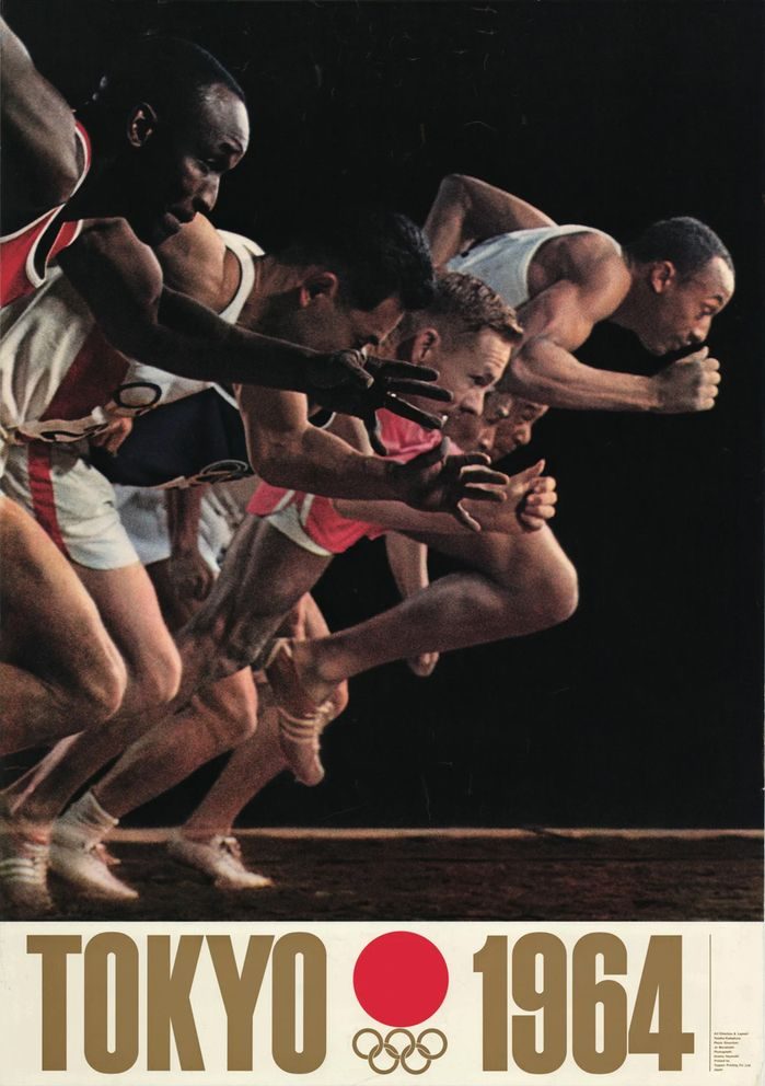 Tokyo 1964 Olympics poster — sprinters leaving starting blocks against black background, gold typography