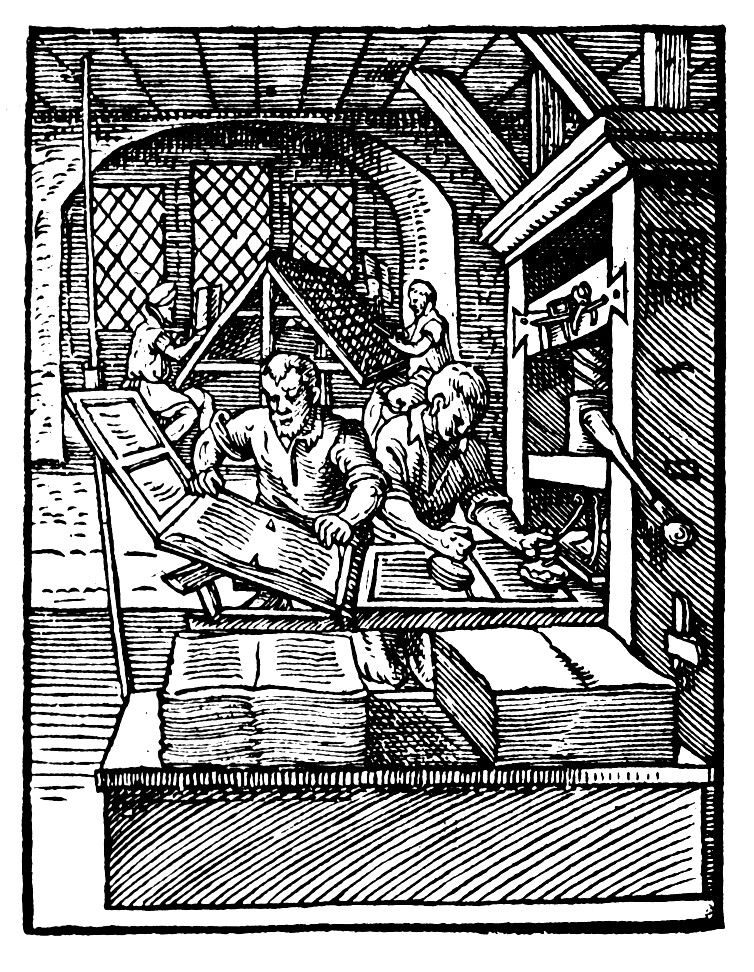 A printer at work at the hand press, woodcut, c. 1568