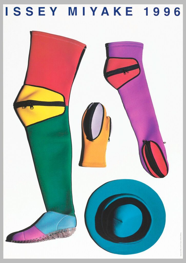 Issey Miyake 1996 poster — neoprene garments and accessories on white ground