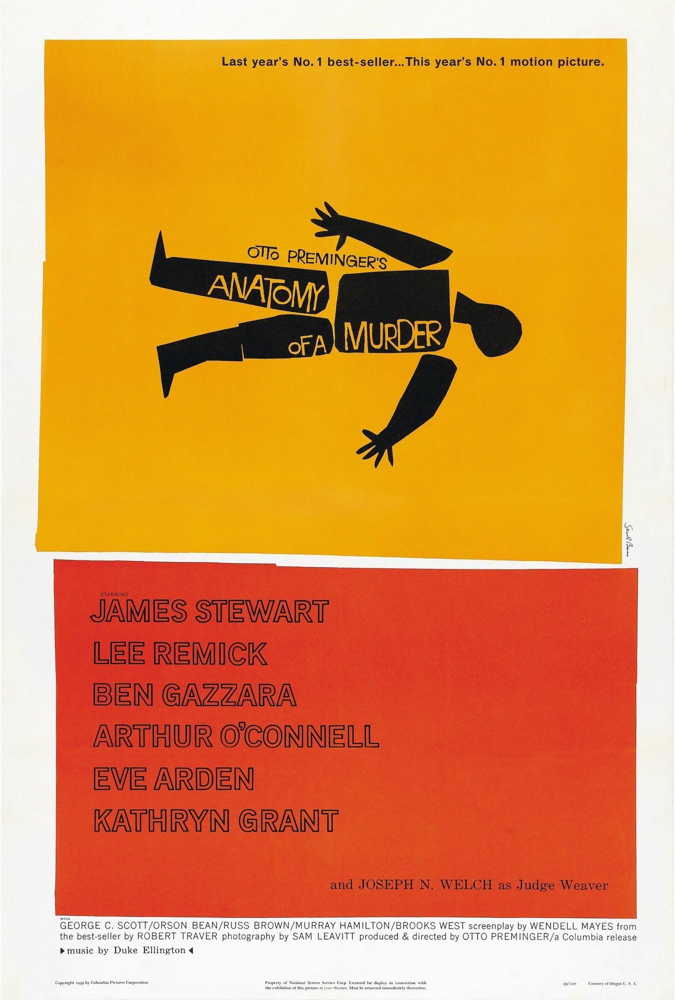 Anatomy of a Murder (1959) poster by Saul Bass — dismembered human silhouette in black, red and orange