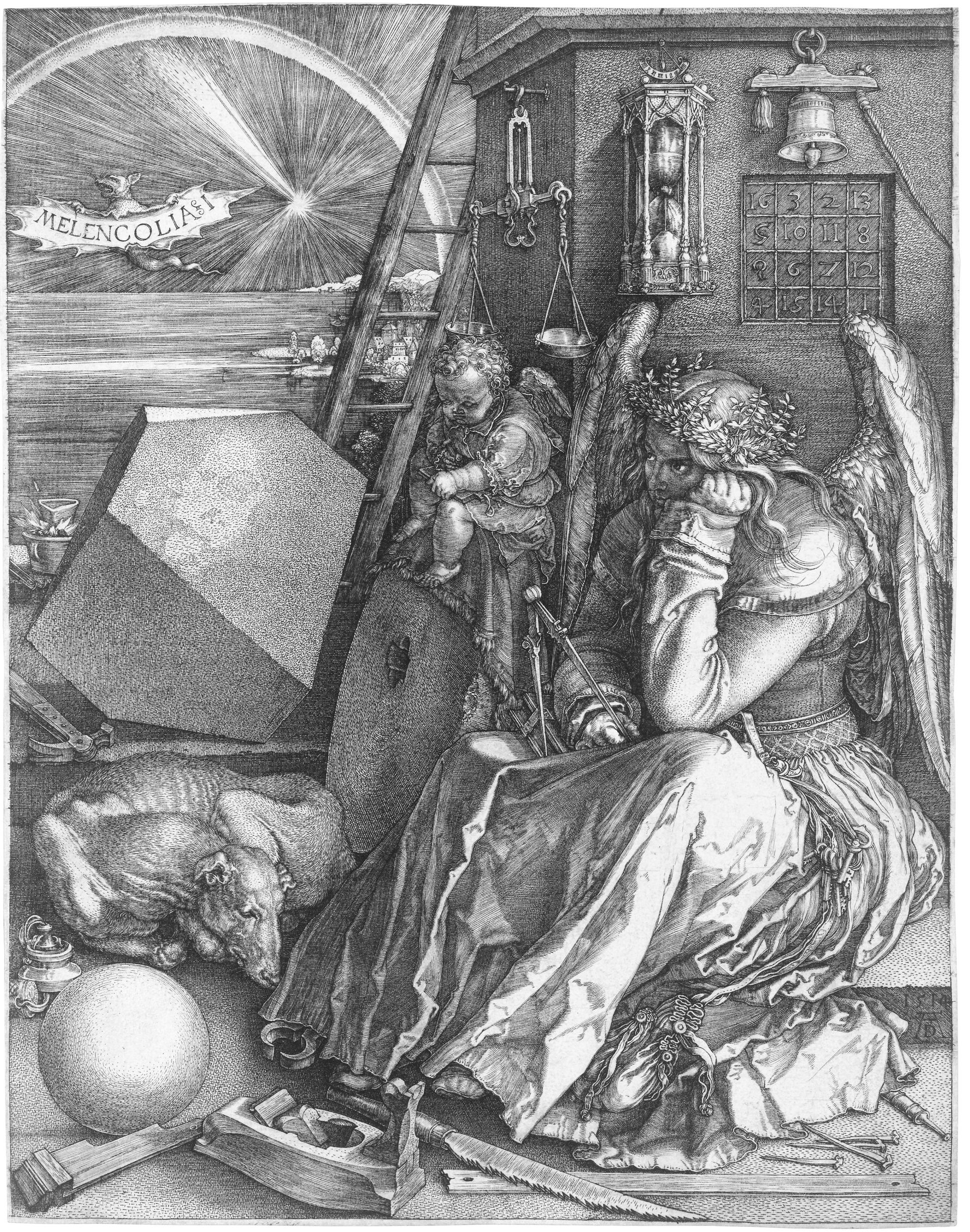 Albrecht Dürer, Melencolia I, 1514, engraving — a winged figure seated among instruments of geometry and craft in a dense black-and-white composition