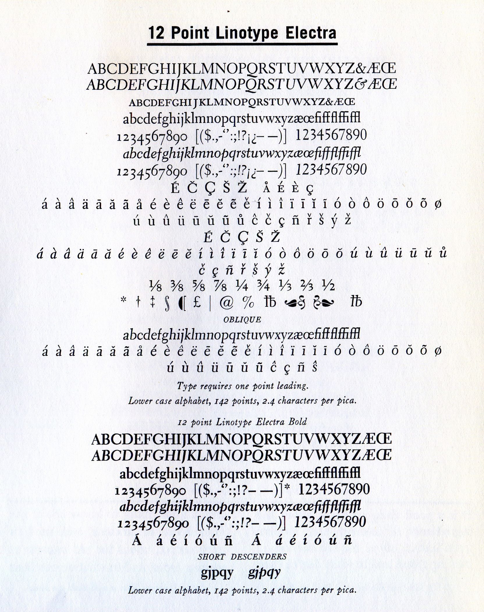 Linotype Electra typeface specimen, 1935
