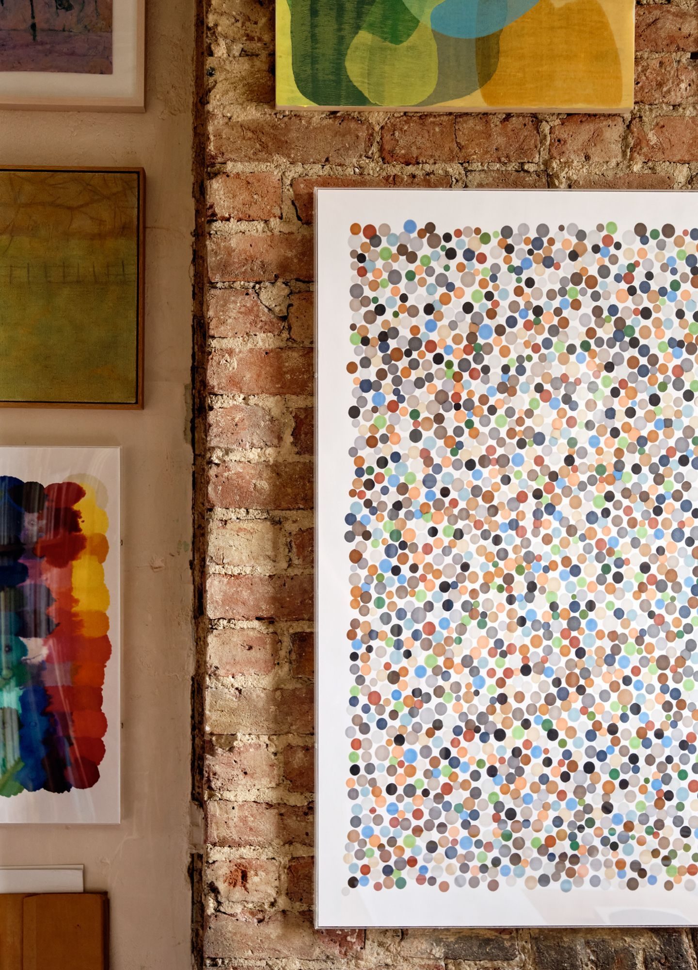 Daniel Eatock felt-tip print framed on a wall — pooled dots of ink discharged from Pantone marker pens by capillary action