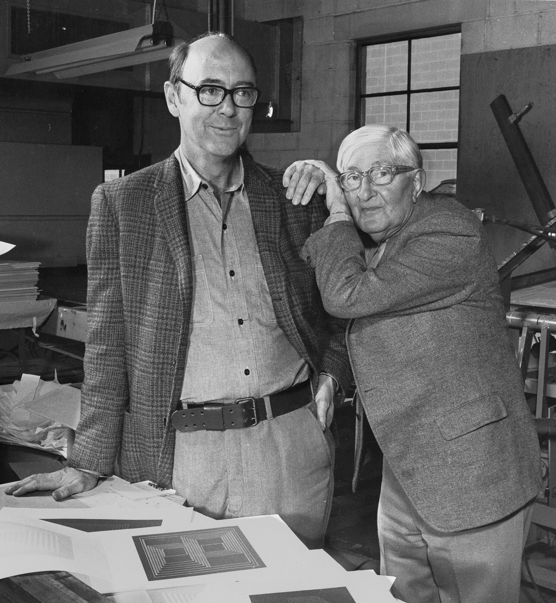 Josef Albers and Norman Ives at Sirocco screen-printing, North Haven, Connecticut, 1972, during production of Formulation — Articulation