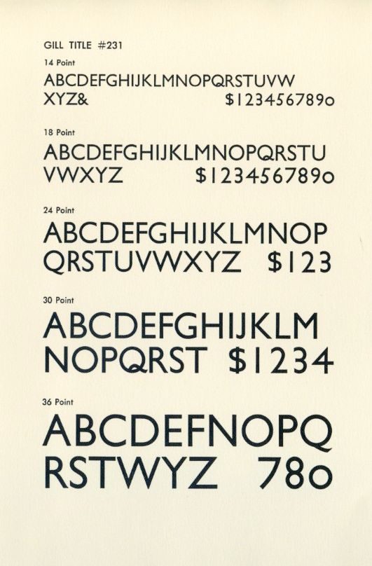Gill Sans specimen sheet showing the humanist sans-serif letterforms with calligraphic variation in stroke width