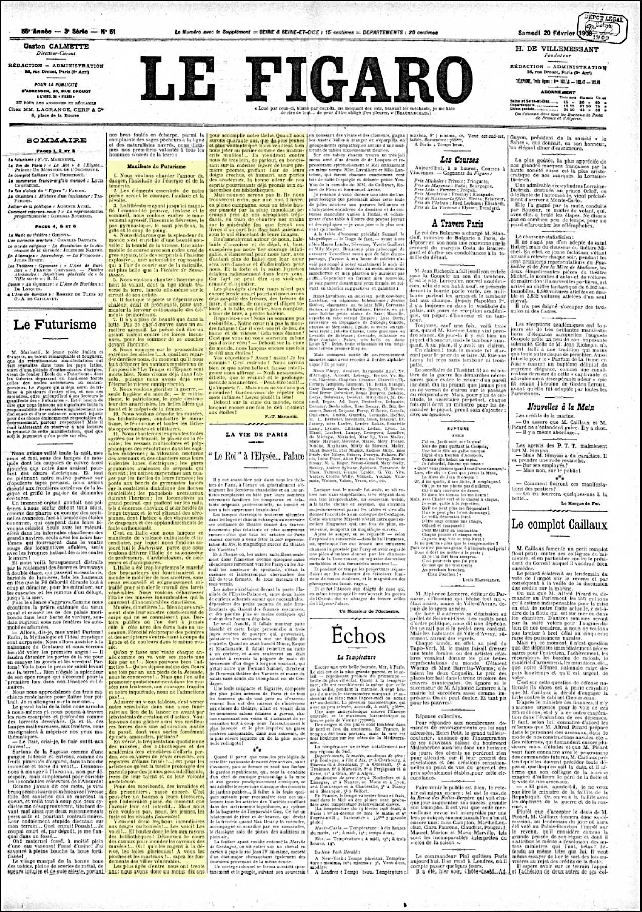 Foundation Manifesto of Futurism, front page of Le Figaro, 20 February 1909