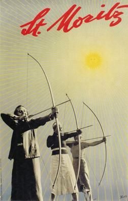 Selection of St. Moritz posters by Walter Herdeg, 1930s — photomontage designs combining photography and typography with the Herdeg sun symbol