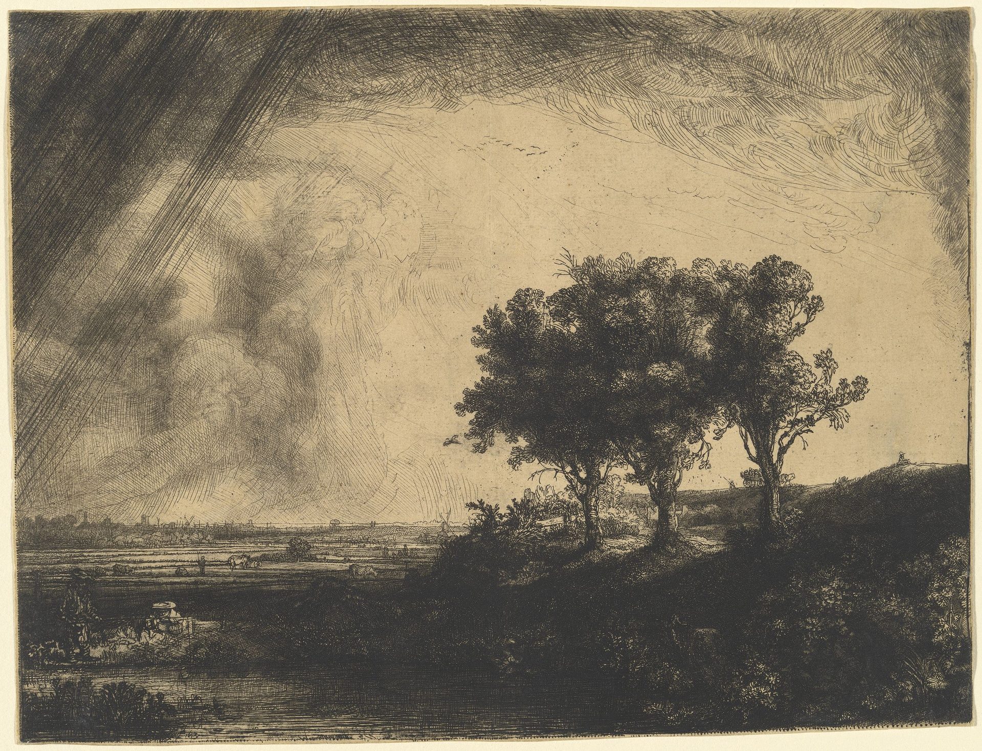 Rembrandt van Rijn, The Three Trees, 1643, etching with drypoint — a wide landscape with three trees on a rise, storm clouds to one side, sunshine breaking through on the other