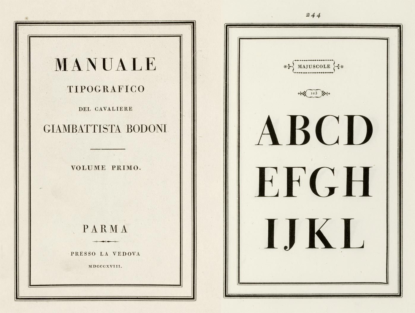Page from Giambattista Bodoni's Manuale Tipografico, 1818, showing an alphabetical specimen of the Bodoni typeface in multiple sizes on white paper with precise margins