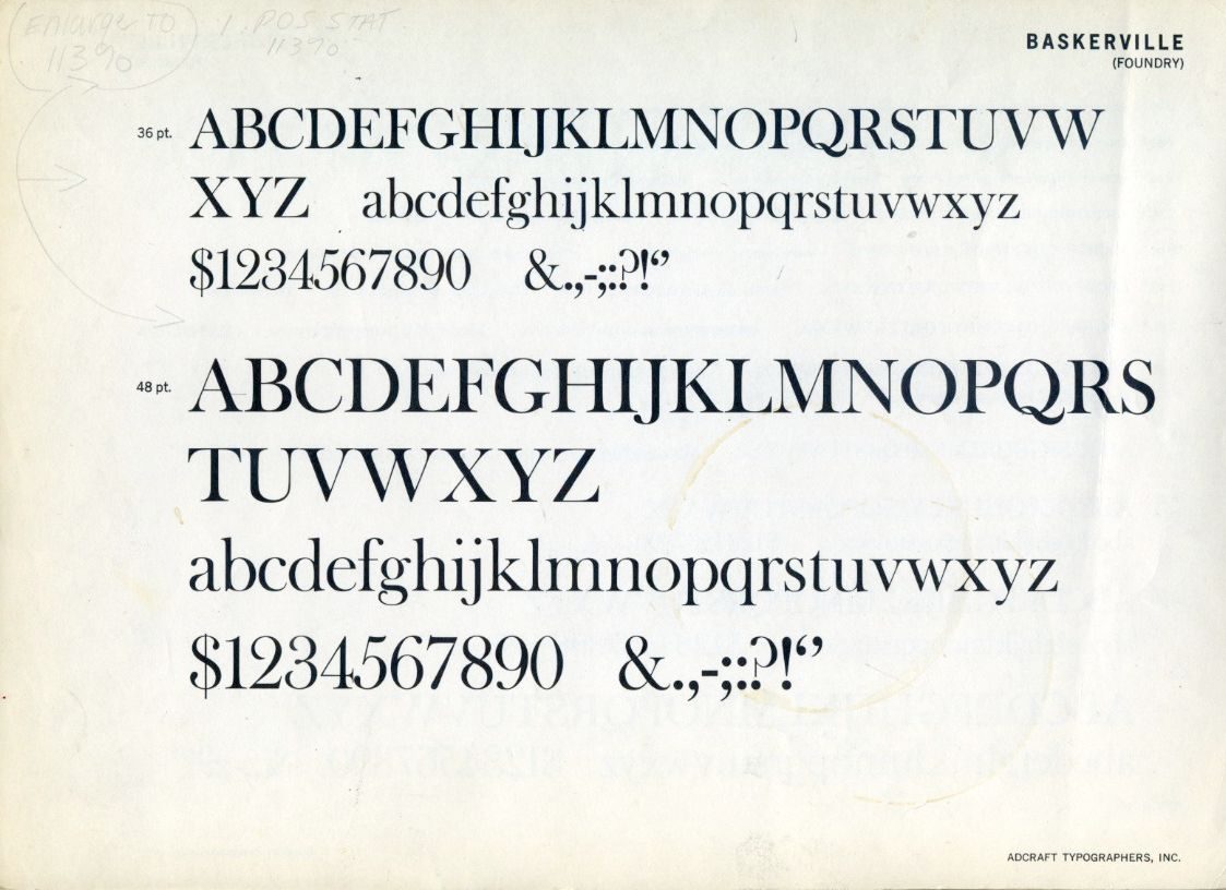 John Baskerville type specimen, Birmingham 1757, showing transitional roman with increased stroke contrast