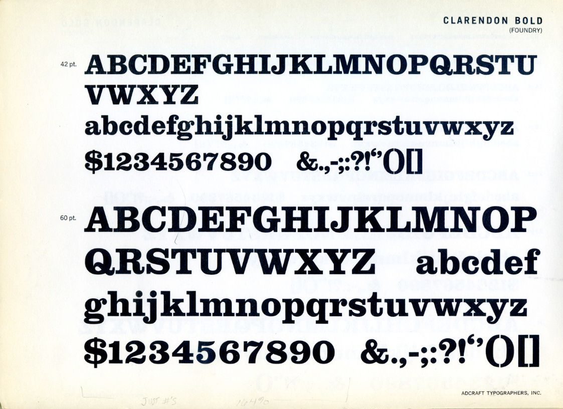 Clarendon type specimen showing the heavy bracketed slab serifs of the Mecanes class