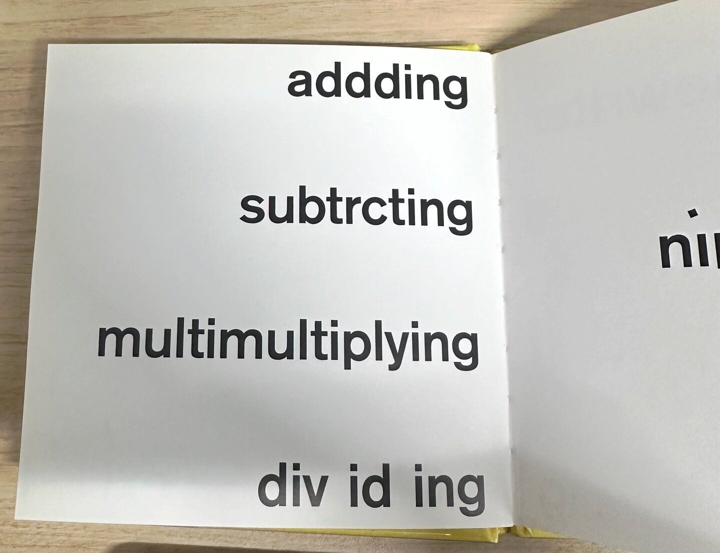 Watching Words Move (1962) — spread from typographic booklet by Brownjohn, Chermayeff and Geismar, showing arithmetic words whose letterforms enact their own meaning: addding, subtrcting, multimultiplying, div id ing