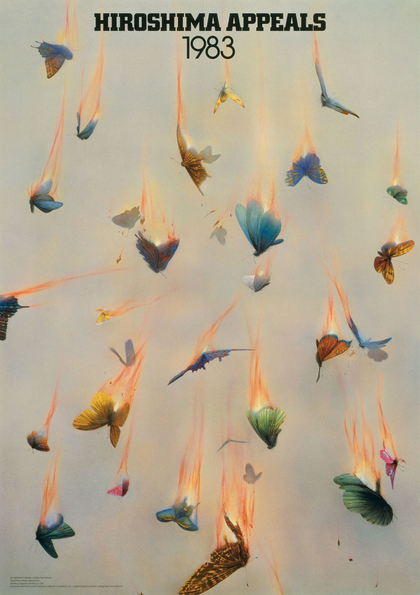Hiroshima Appeals 1983 poster — butterfly with flame wings, by Yusaku Kamekura