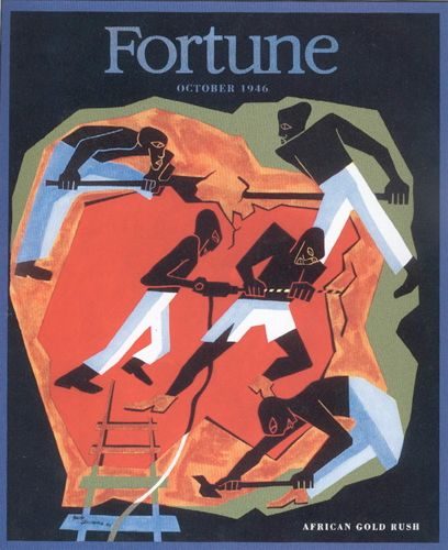Fortune magazine cover, October 1946, art directed by Will Burtin — Jacob Lawrence illustration of industrial workers in blue, yellow and black