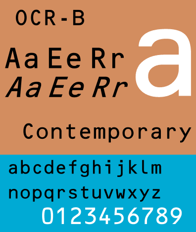 OCR-B typeface specimen showing optical character recognition letterforms