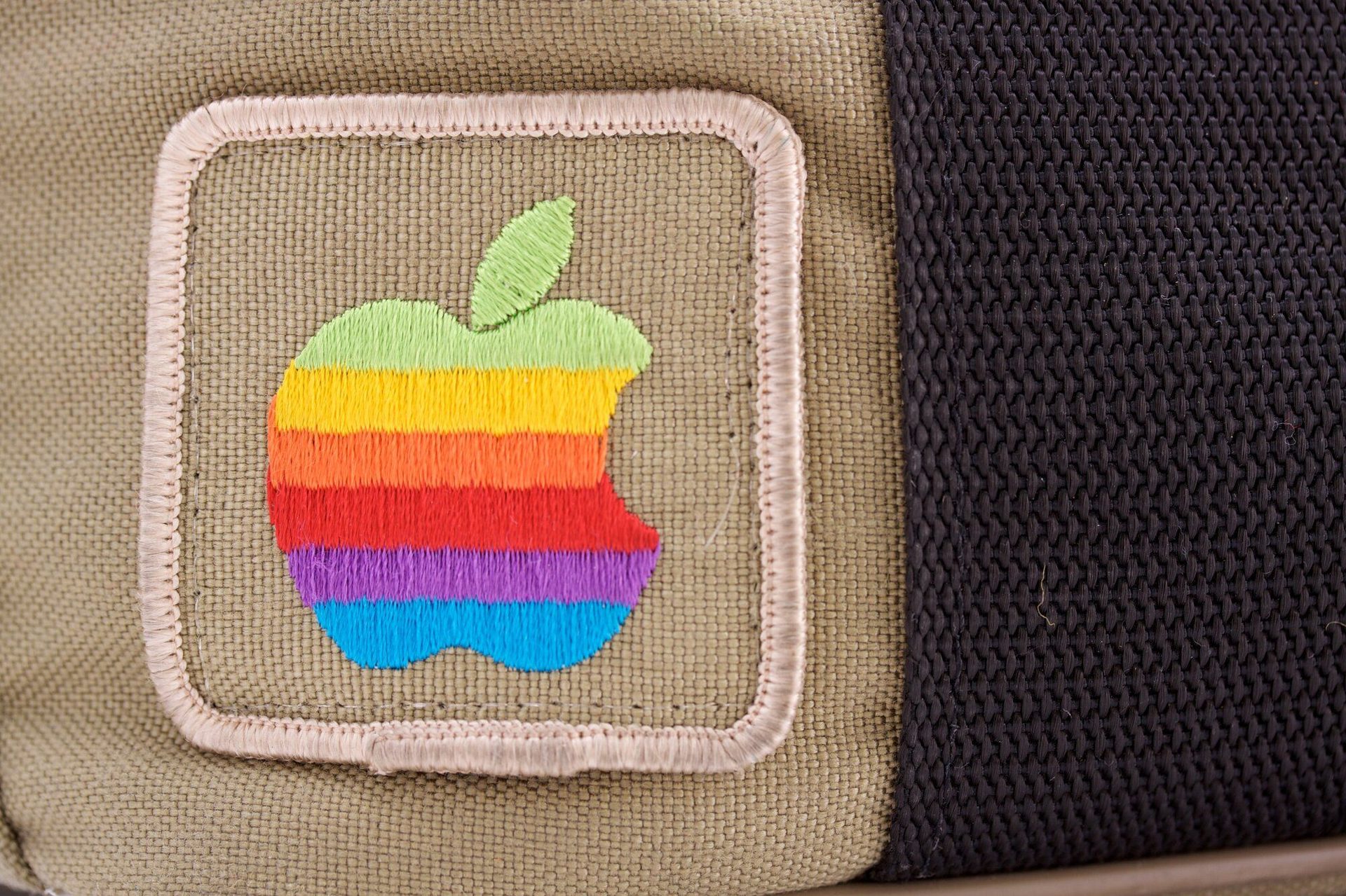 Rob Janoff's six-colour Apple logo on physical hardware, photographed at the Computer History Museum