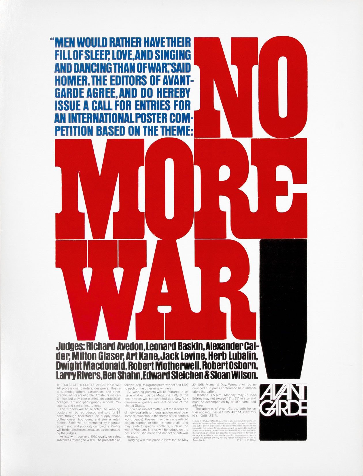 Avant Garde magazine No More War call for entries poster, 1967–68, Herb Lubalin