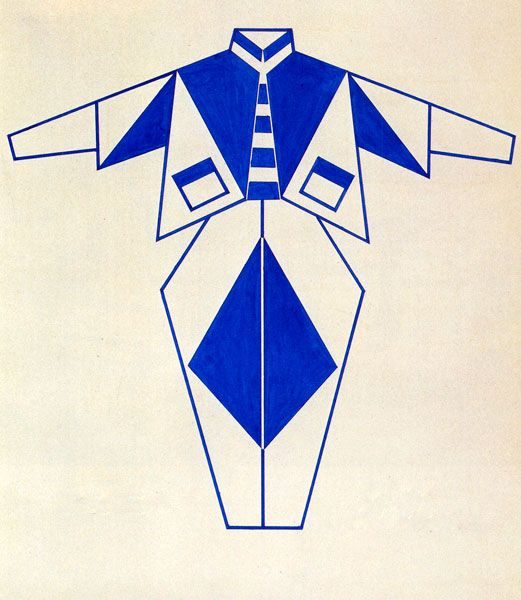 Varvara Stepanova, sport clothing design (prozodezhda), 1923 — Constructivist garment sketch with geometric blue and white forms