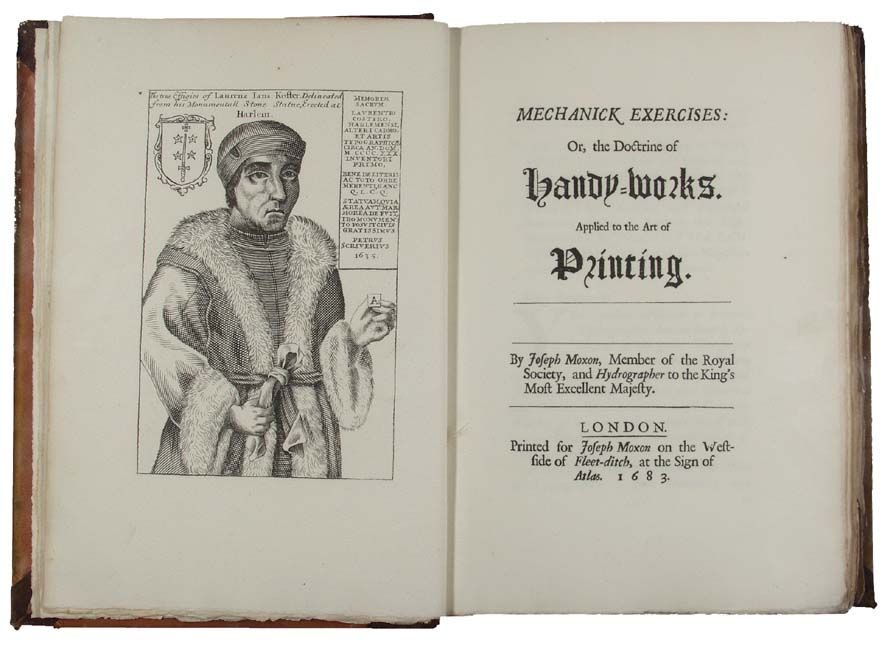 Title page of Joseph Moxon's Mechanick Exercises on the Whole Art of Printing, London, 1683, showing typeset letterpress text on aged paper