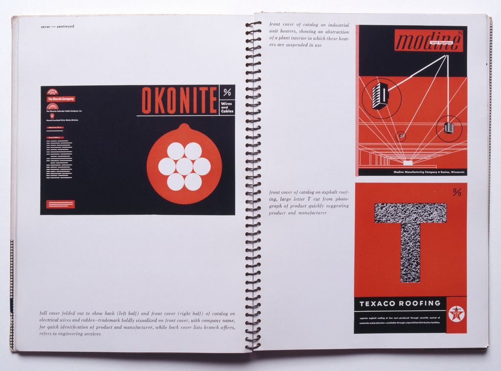 Catalog Design 1944 book spread by Ladislav Sutnar and Knud Lönberg-Holm showing industrial catalogue cover designs
