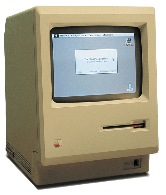 Apple Macintosh 128K computer, side-profile transparency photograph