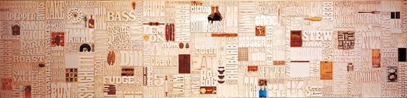 Gastrotypographicalassemblage — Lou Dorfsman's 35-foot typographic wood-type wall in the CBS cafeteria, 1966
