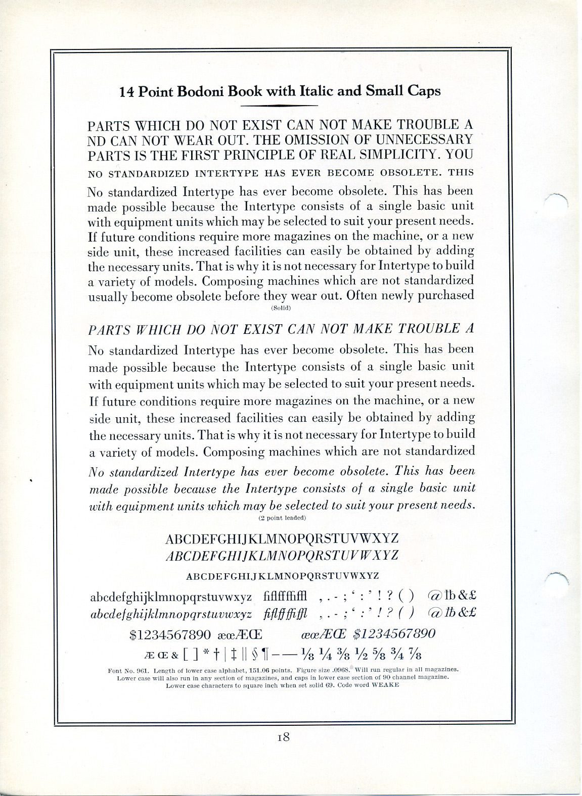 Intertype Bodoni type specimen showing the extreme contrast and vertical stress of the Didone class