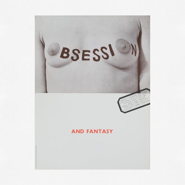 Obsession and Fantasy (1963) exhibition poster by Robert Brownjohn — the word OBSESSION printed across a woman's torso, her nipples substituting for the letter O; 'AND FANTASY' in red text below