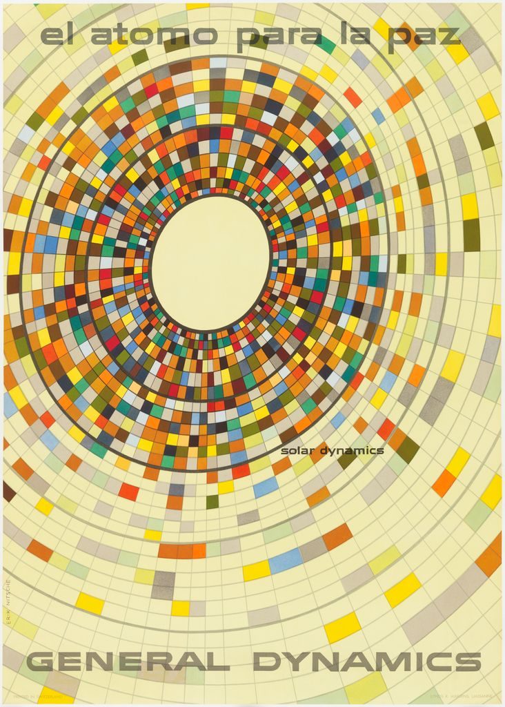 El Atomo para la Paz poster by Erik Nitsche for General Dynamics — Spanish language, concentric rings of coloured squares