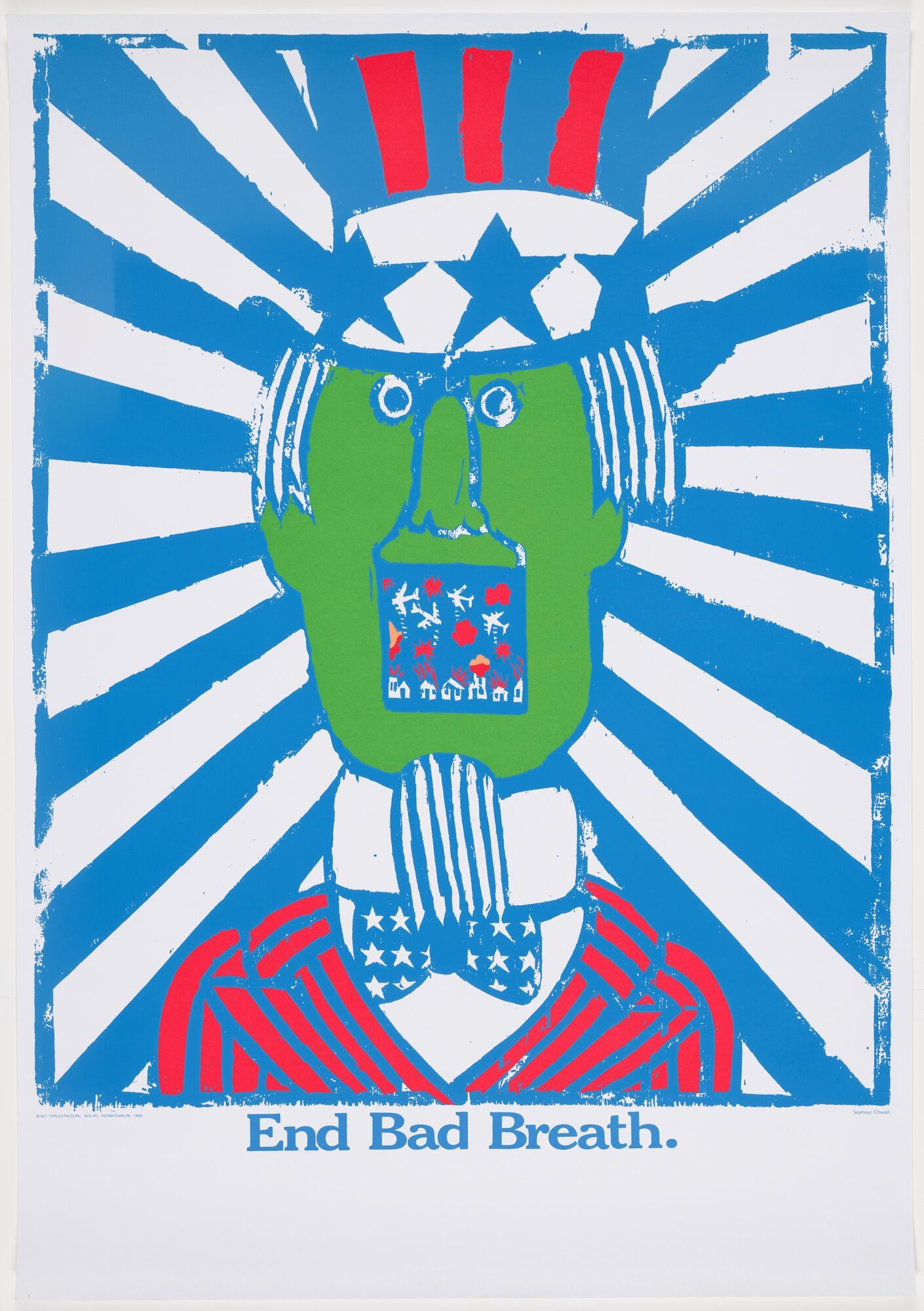 End Bad Breath anti-Vietnam War poster by Seymour Chwast, 1967 — Uncle Sam with open mouth containing bombs