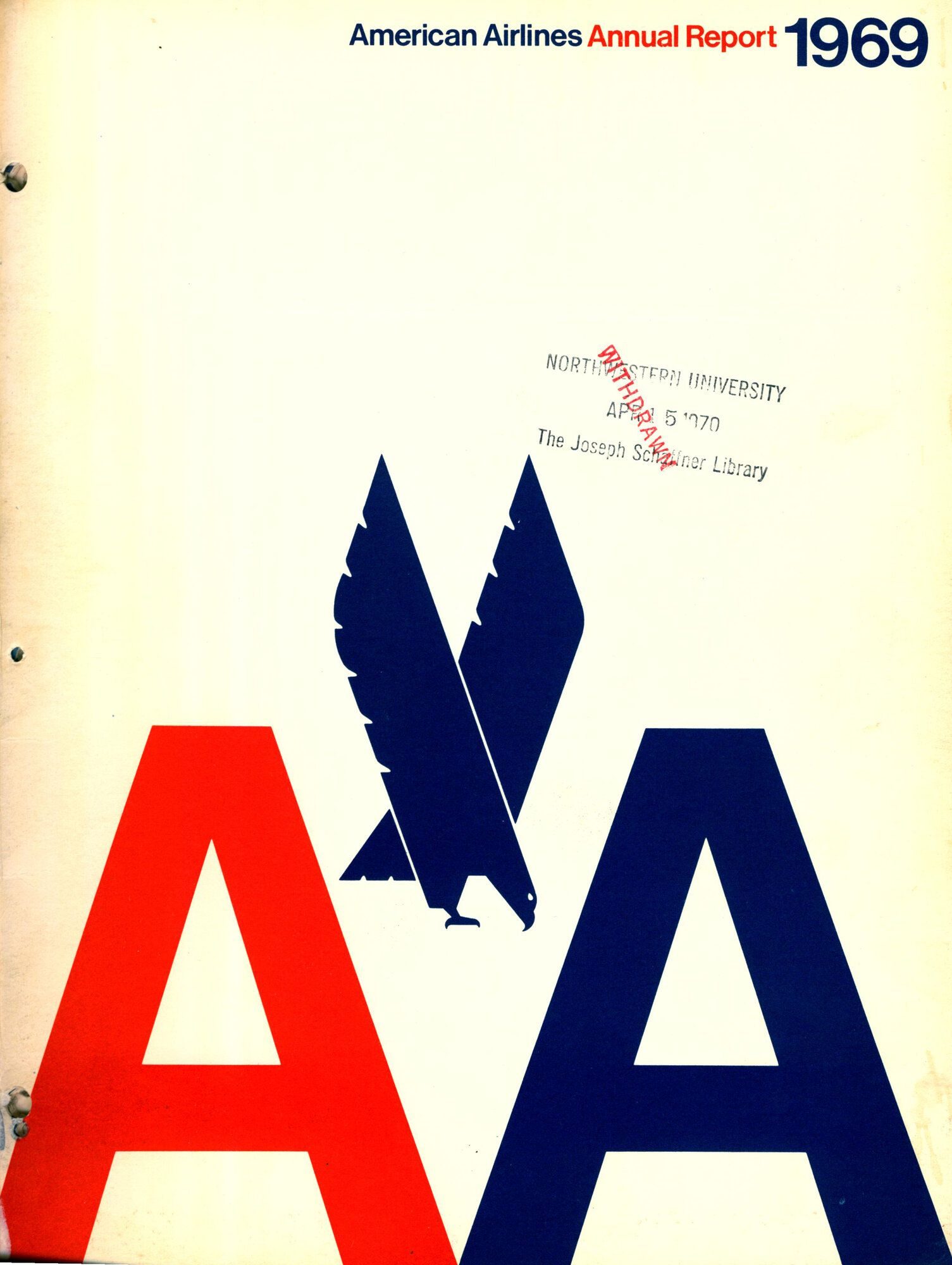 American Airlines 1969 annual report cover showing the Vignelli identity system — AA monogram, Helvetica wordmark and eagle