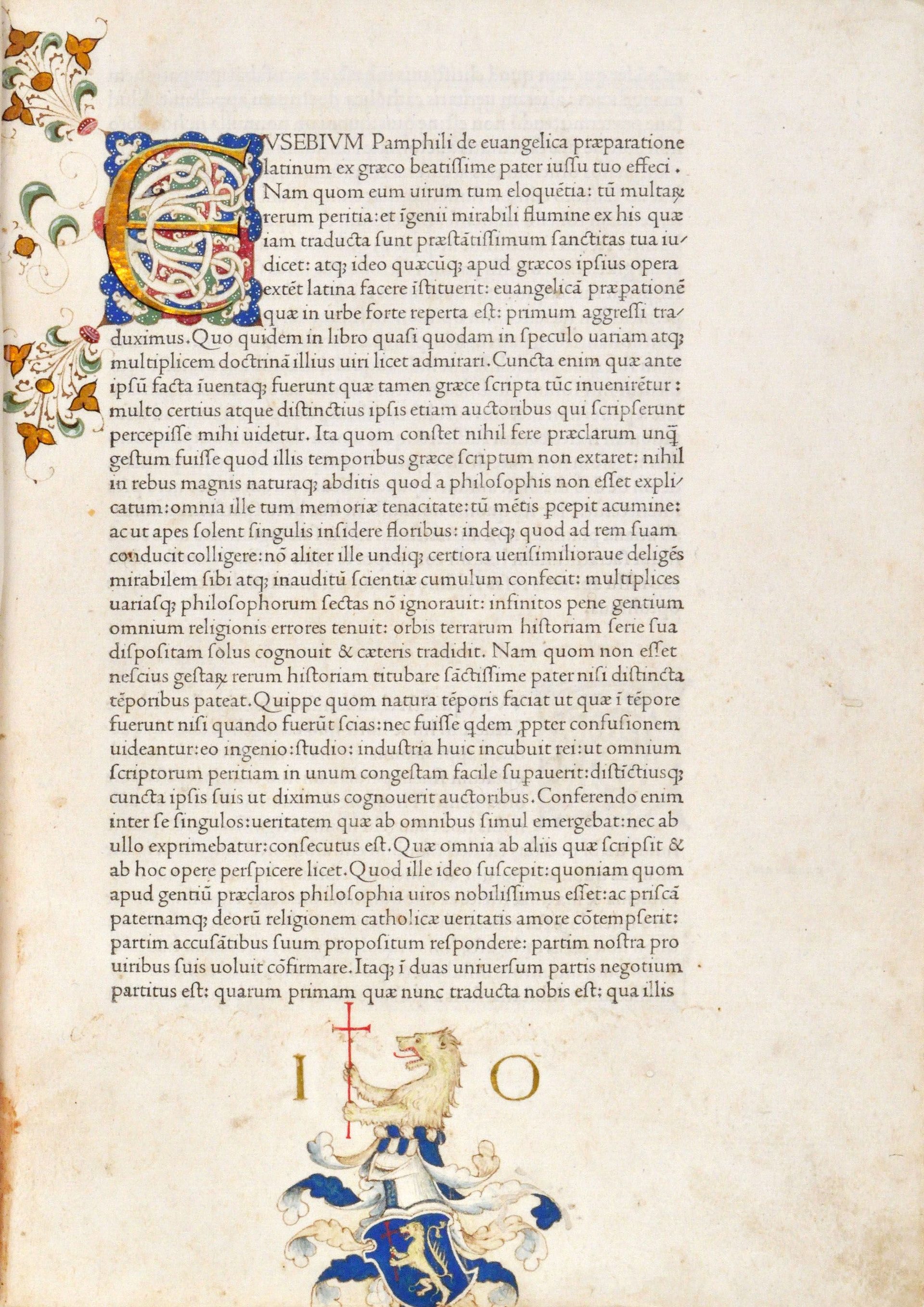 Opening page of Eusebius, De evangelica praeparatione, set in Nicolas Jenson roman type, Venice 1470