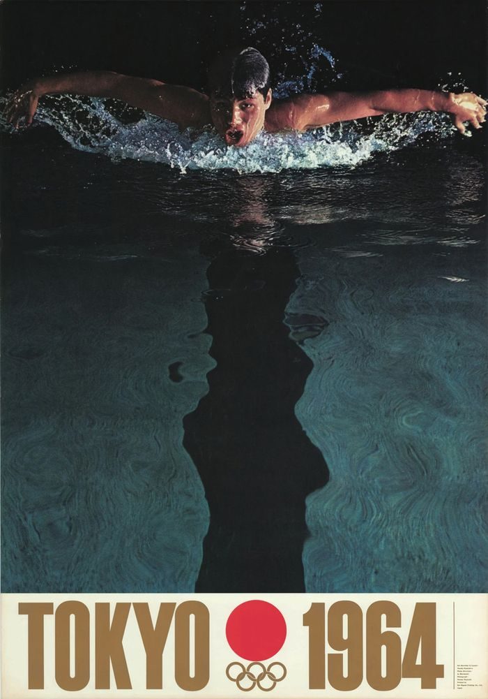 Tokyo 1964 Olympics poster — butterfly swimmer in multi-colour photogravure print