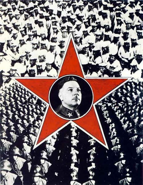 Varvara Stepanova photomontage, 1930s — red star with portrait of military figure surrounded by mass of soldiers in white uniforms