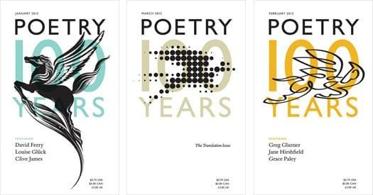 Three Poetry magazine centennial covers, January–March 2012, art-directed by Winterhouse — Gill Sans masthead with Pegasus variants by different illustrators