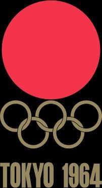 Tokyo 1964 Summer Olympics emblem — red disc above gold Olympic rings and Tokyo 1964 lettering